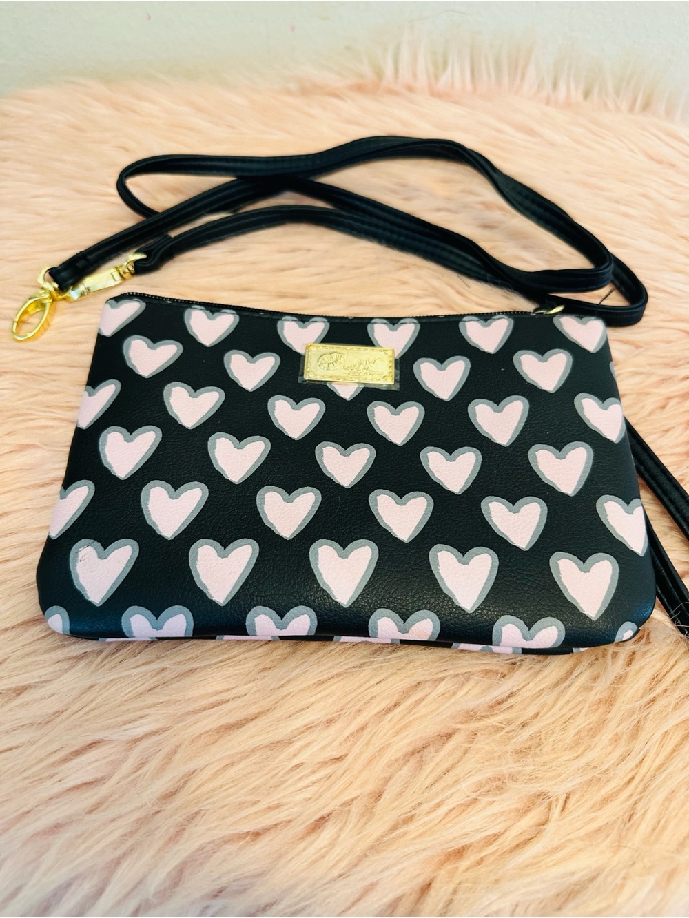 Betsey Johnson Black Crossbody with Pink Heart Print